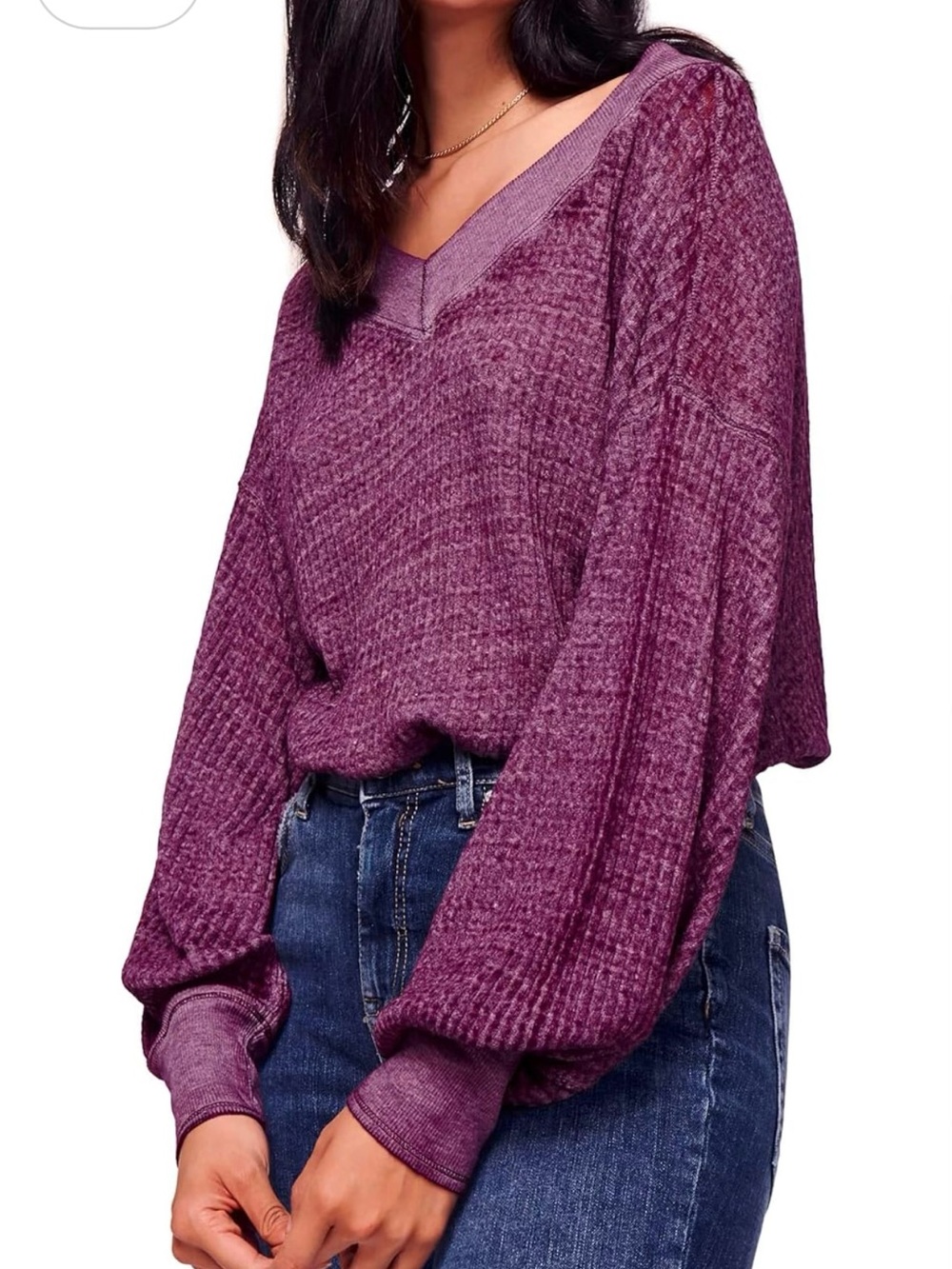 V-Neck Waffle Knit Balloon Sleeve Sweater - Purple